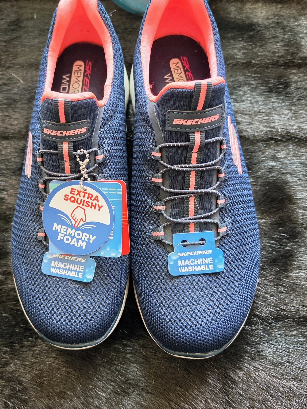 Skechers Navy Slip-On Knit Sneakers with Coral Accents